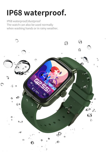 Green smart watch with digital display showing time and cyclist graphic, IP68 waterproof and dustproof rating