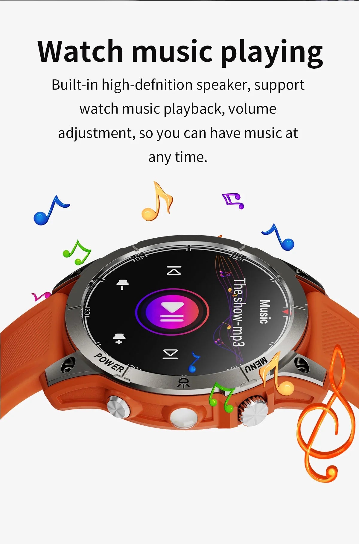 Orange smartwatch with music playback screen and colorful musical notes around it