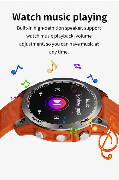 Orange smartwatch with music playback screen and colorful musical notes around it