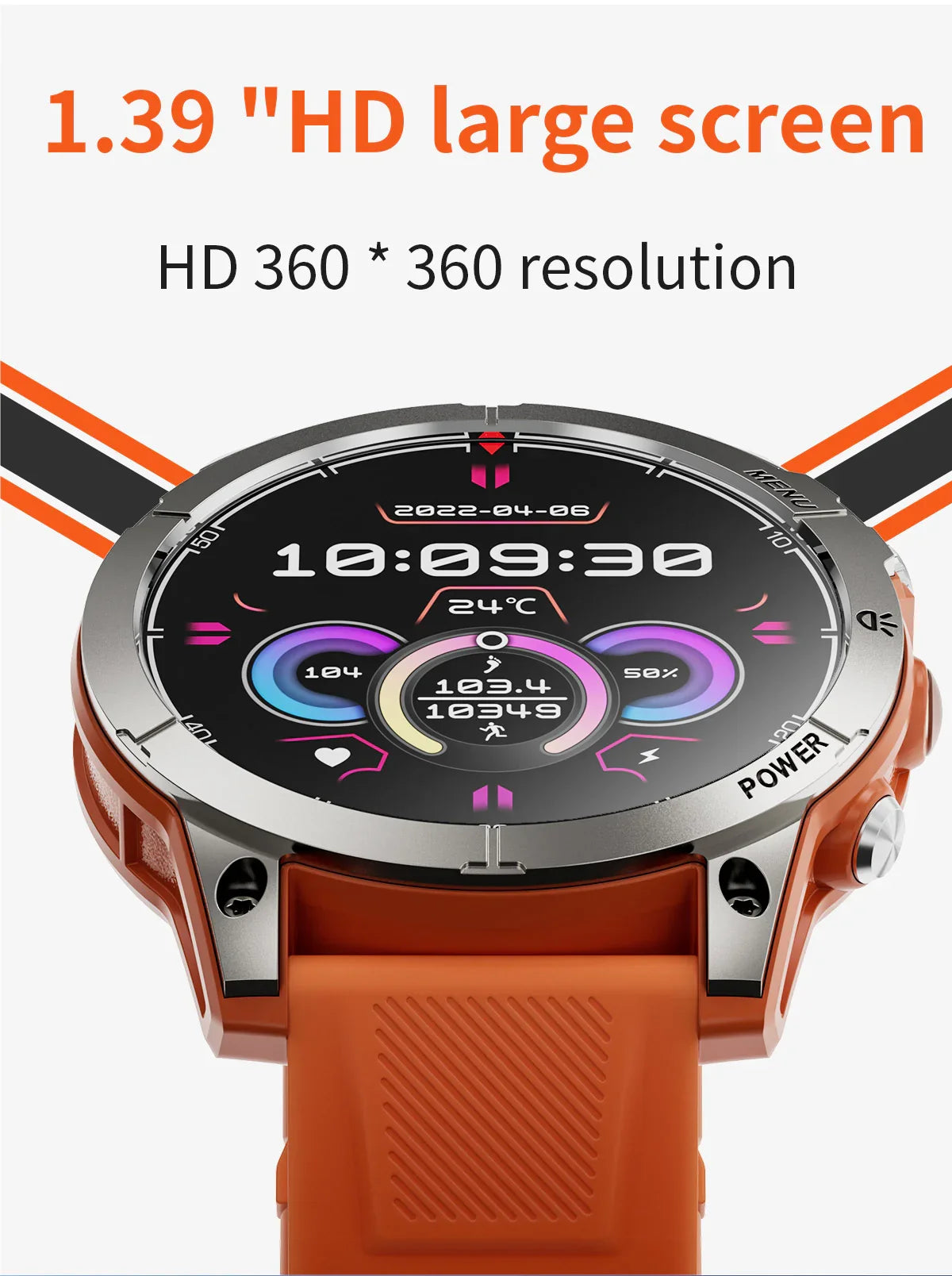 Orange smart watch with 1.39-inch HD 360x360 screen showing time, temperature, and activity stats