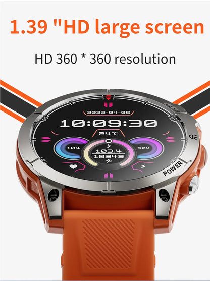 Orange smart watch with 1.39-inch HD 360x360 screen showing time, temperature, and activity stats