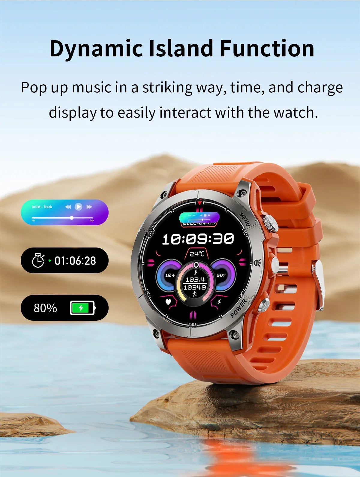 Smartwatch with orange strap on rock by water, showing dynamic island function with music, time, and battery