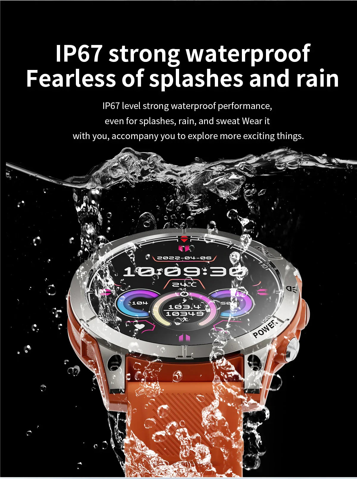 Smartwatch with orange strap submerged in water, showcasing IP67 waterproof feature and digital display