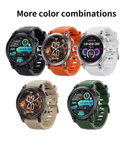 Five smartwatches in black, orange, white, beige, and green with various digital watch faces showing time and fitness data